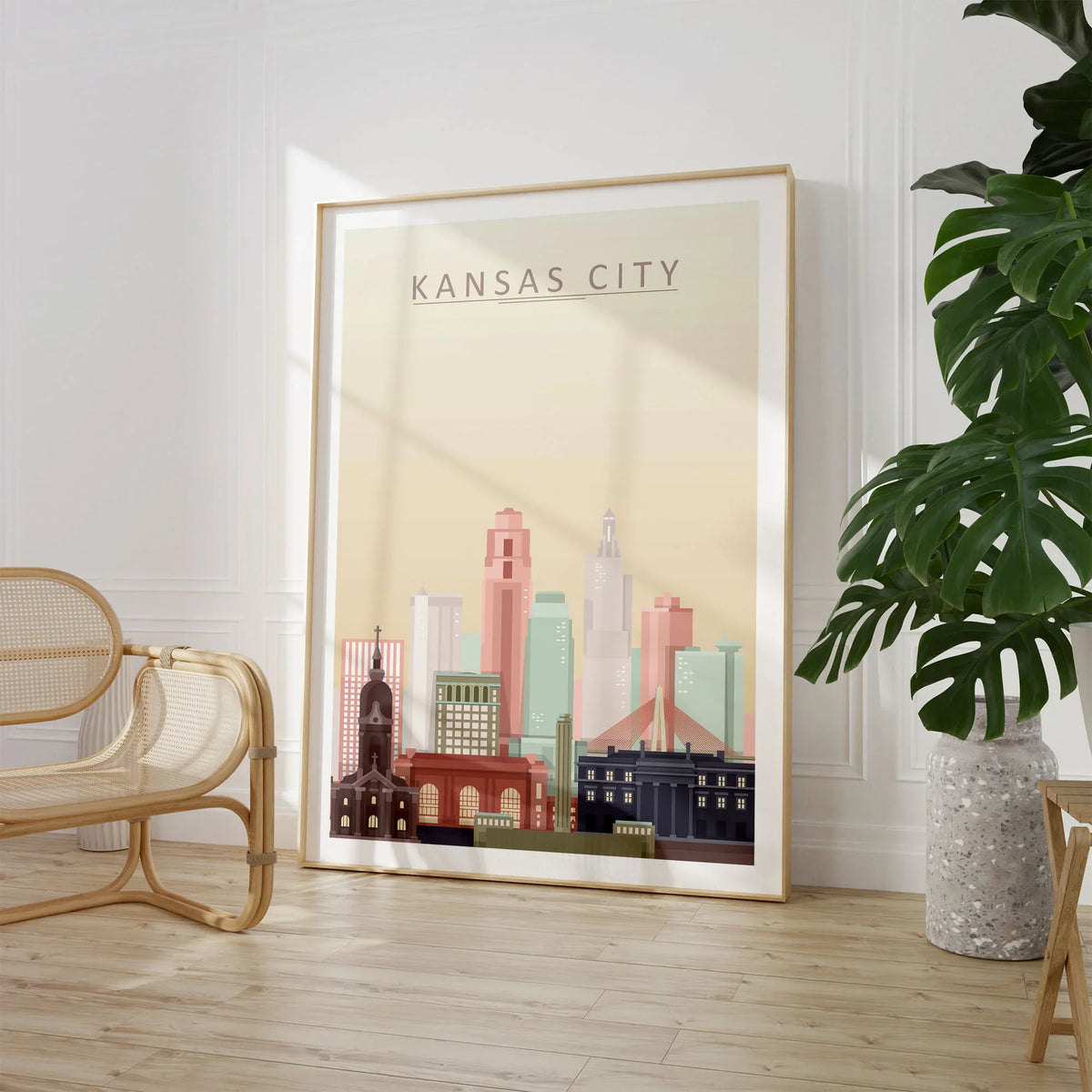 Kansas City city skyline art print, large framed print beside a chair and plant