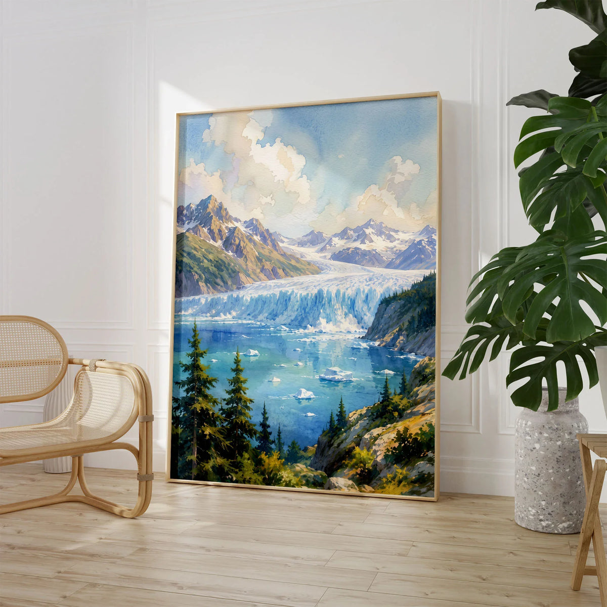 Kenai Fjords National Park tidewater glacier and fjord watercolour art print large framed print beside a chair and plant