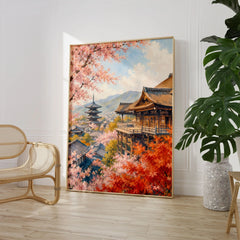 Kyoto Kiyomizu-dera temple and blossom watercolour art print large framed print beside a chair and plant