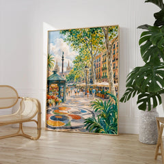 La Rambla Barcelona promenade and mosaic watercolour art print large framed print beside a chair and plant