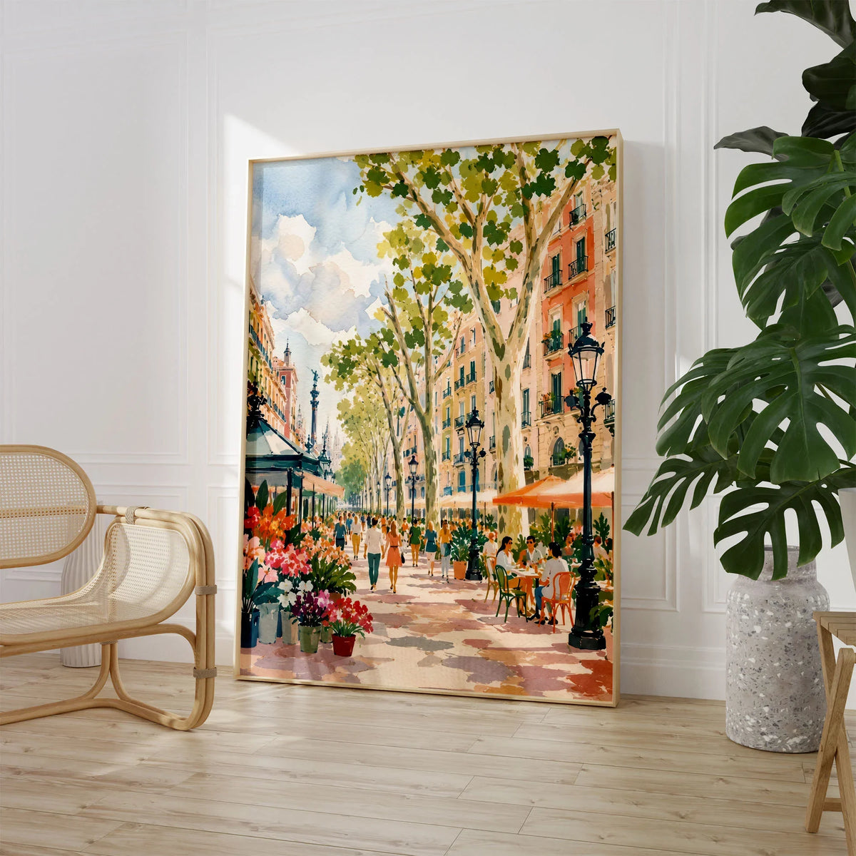 La Rambla Barcelona flower stalls and cafés watercolour art print large framed print beside a chair and plant