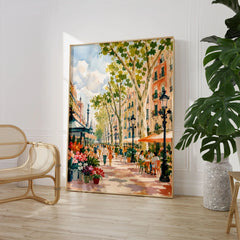 La Rambla Barcelona flower stalls and cafés watercolour art print large framed print beside a chair and plant