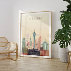 Las Vegas city skyline art print, large framed print beside a chair and plant