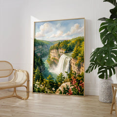 Letchworth State Park waterfall in the gorge watercolour art print large framed print beside a chair and plant