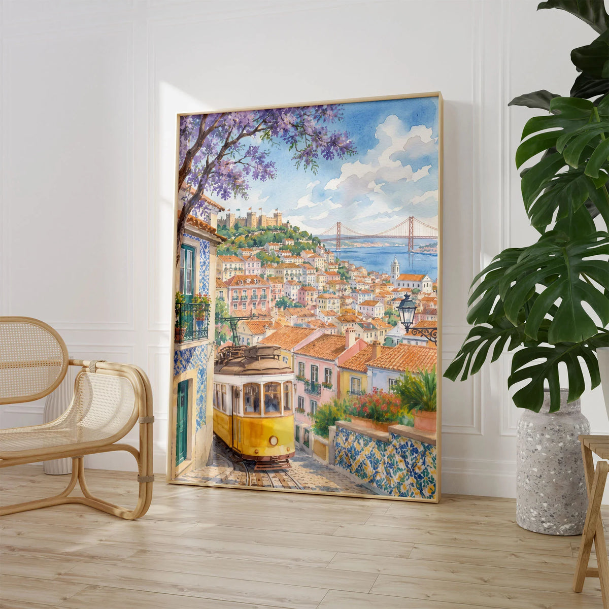 Lisbon yellow tram and castle watercolour art print large framed print beside a chair and plant