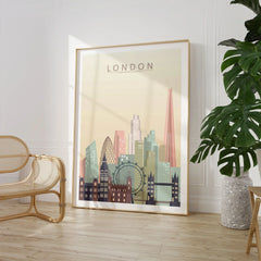 London city skyline art print, large framed print beside a chair and plant