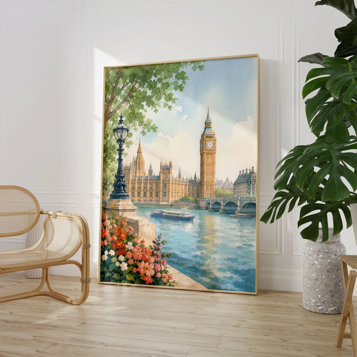London Big Ben and Houses of Parliament watercolour art print large framed print beside a chair and plant