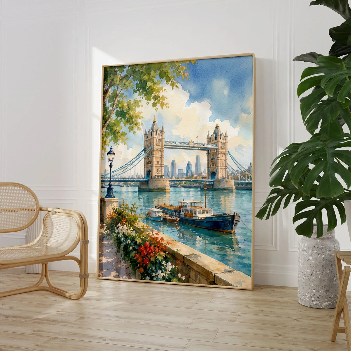 London Tower Bridge on the Thames watercolour art print large framed print beside a chair and plant