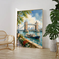 London Tower Bridge on the Thames watercolour art print large framed print beside a chair and plant