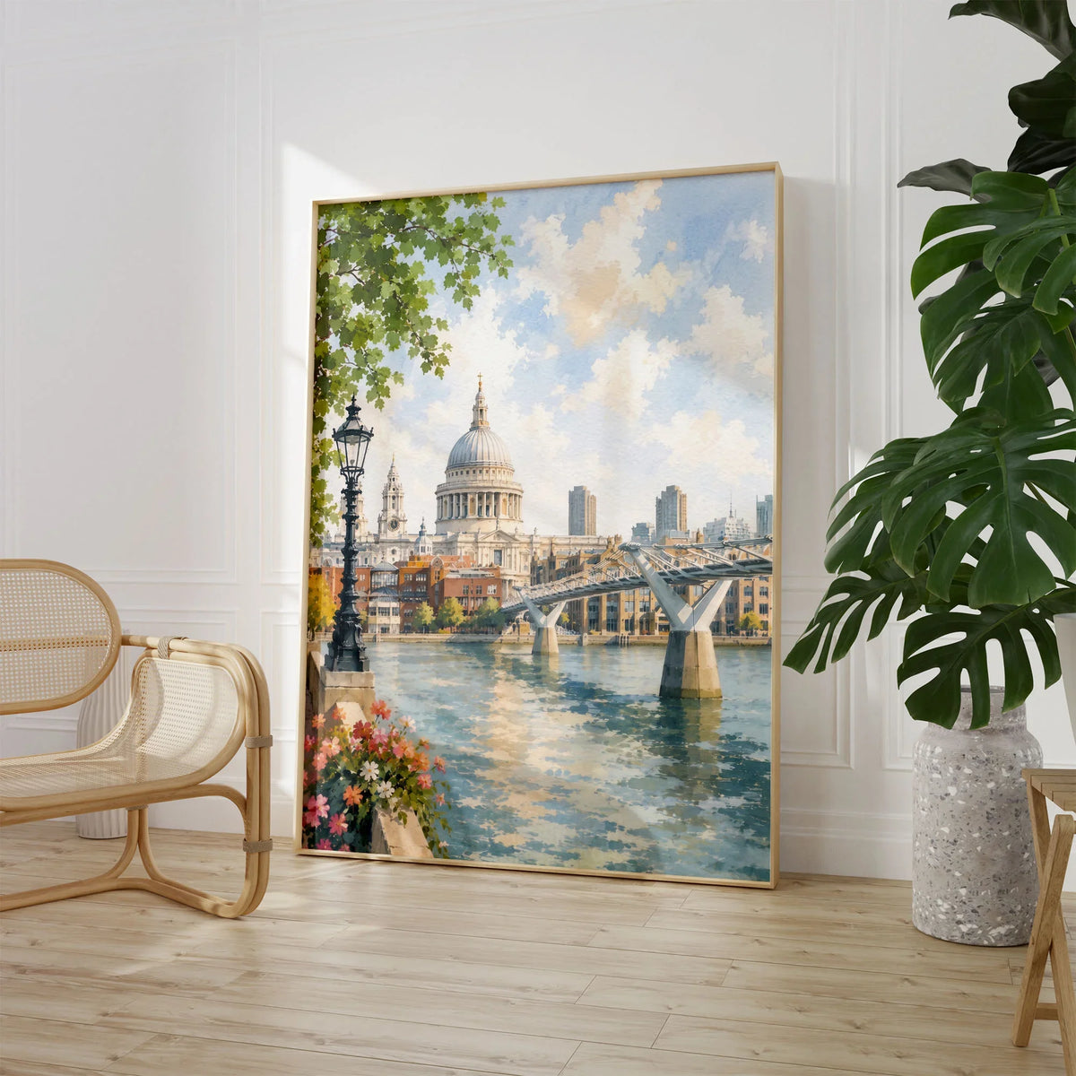London St Paul's Cathedral and Millennium Bridge watercolour art print large framed print beside a chair and plant