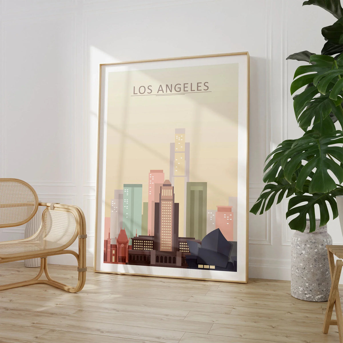 Los Angeles city skyline art print, large framed print beside a chair and plant