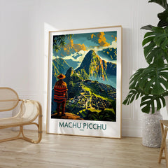 Machu Picchu Travel Poster - large framed art print beside chair and plant