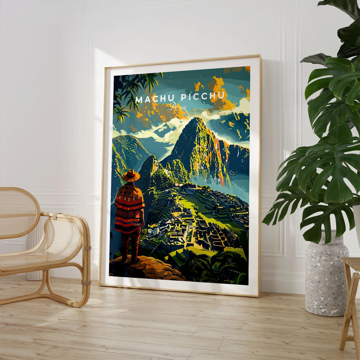 Machu Picchu Poster - large framed art print beside chair and plant