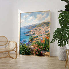 Madeira Funchal bay and coast watercolour art print large framed print beside a chair and plant