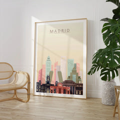 Madrid city skyline art print, large framed print beside a chair and plant