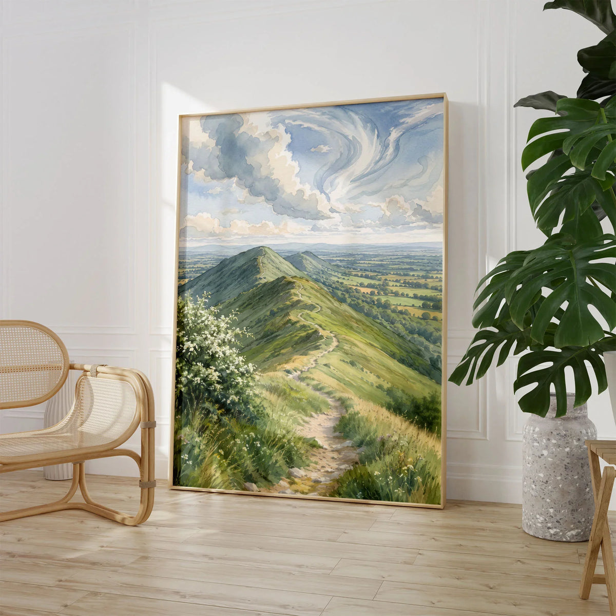 Malvern Hills ridge path watercolour art print large framed print beside a chair and plant