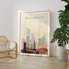 Manchester city skyline art print, large framed print beside a chair and plant
