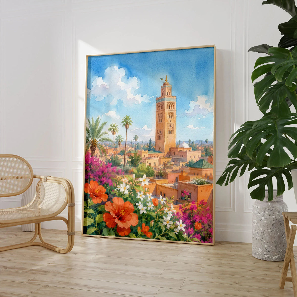 Marrakech Koutoubia Mosque watercolour art print large framed print beside a chair and plant