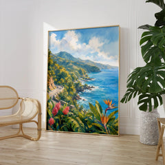 Maui Road to Hana coastline watercolour art print large framed print beside a chair and plant
