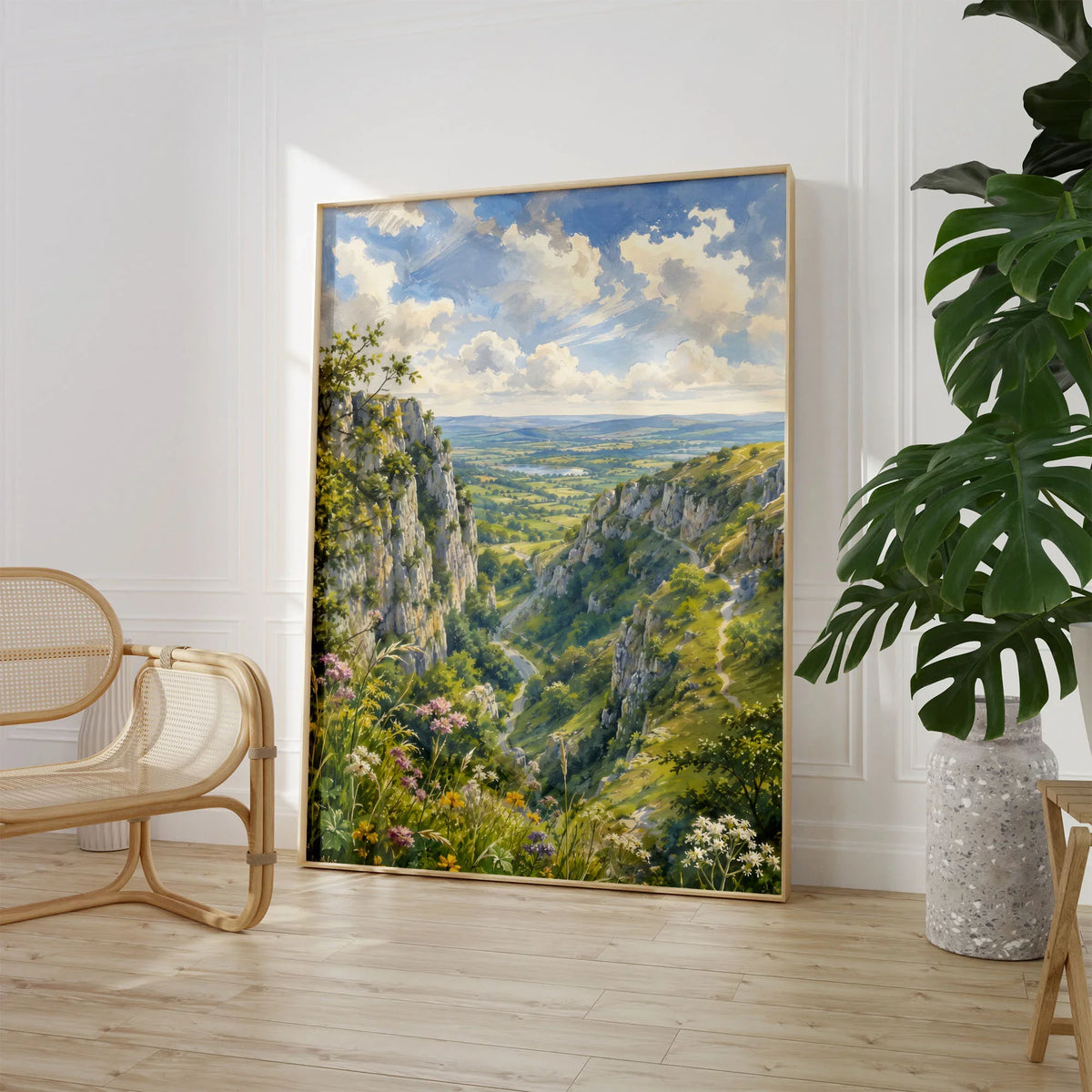 Mendip Hills Cheddar Gorge watercolour art print large framed print beside a chair and plant