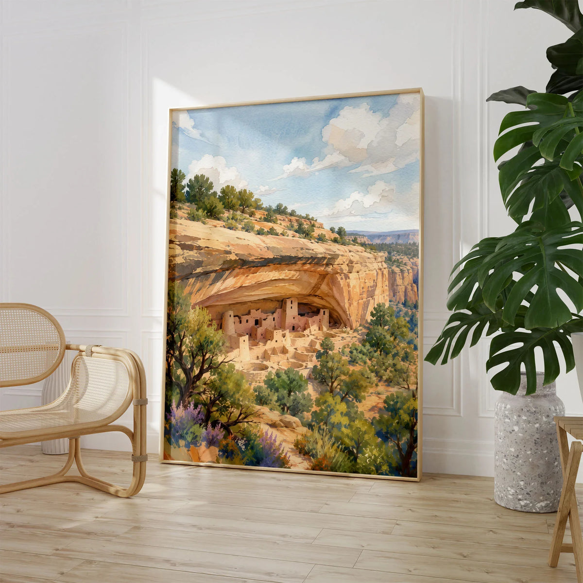 Mesa Verde National Park Cliff Palace dwellings watercolour art print large framed print beside a chair and plant