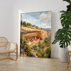 Mesa Verde National Park Cliff Palace dwellings watercolour art print large framed print beside a chair and plant