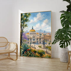 Mexico City Palacio de Bellas Artes watercolour art print large framed print beside a chair and plant