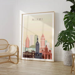 Miami city skyline art print, large framed print beside a chair and plant