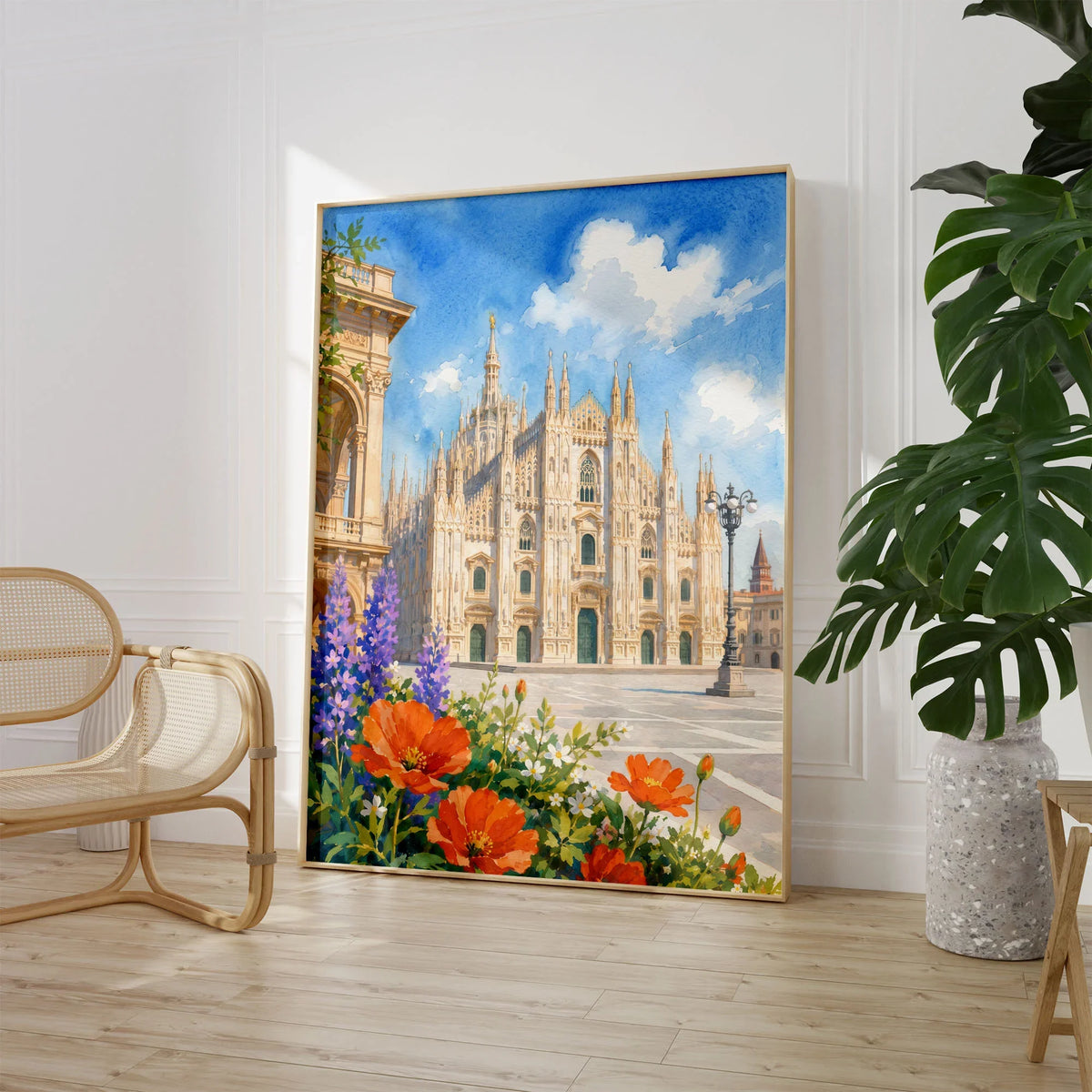 Milan Duomo di Milano watercolour art print large framed print beside a chair and plant