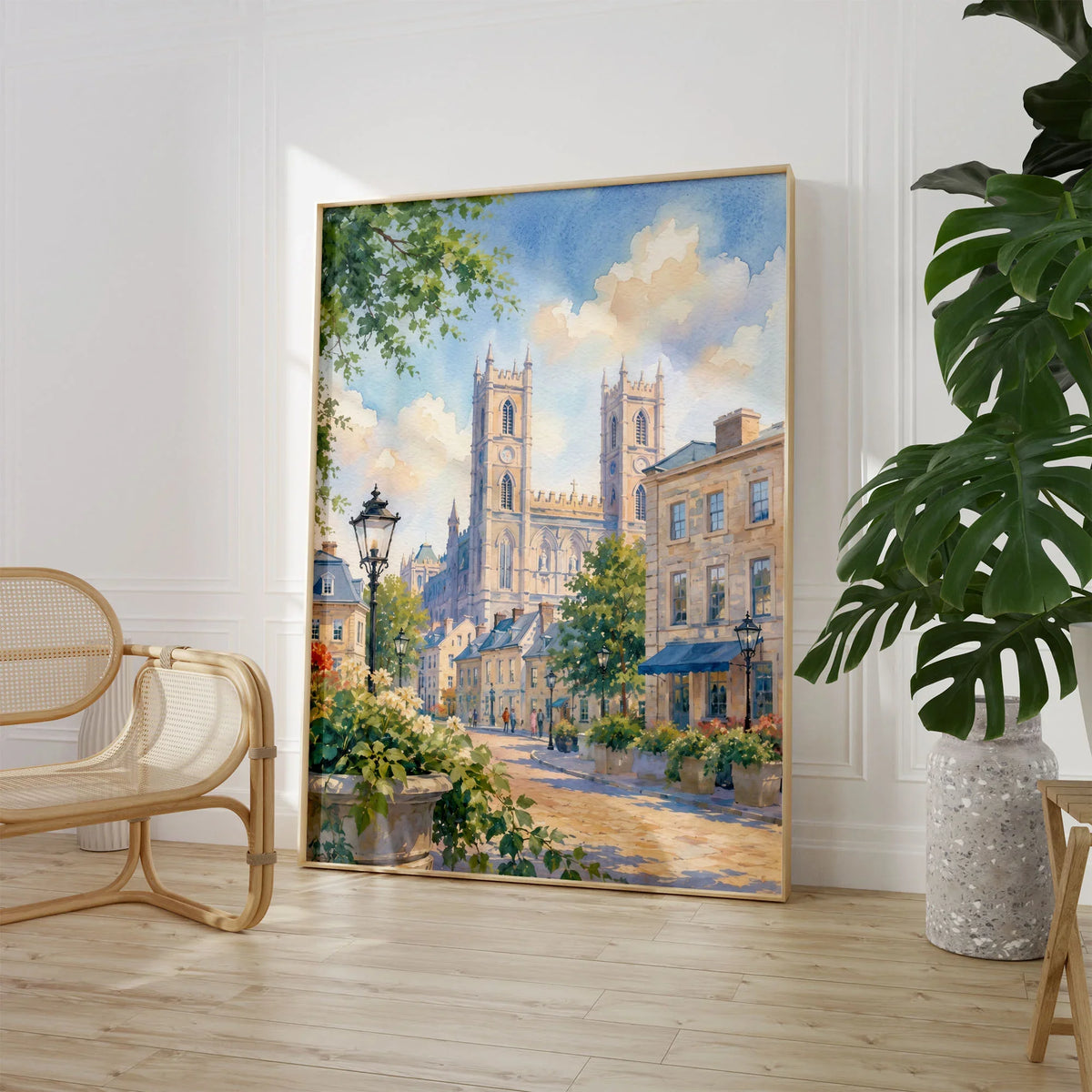 Montreal Notre-Dame Basilica in Old Montreal watercolour art print large framed print beside a chair and plant