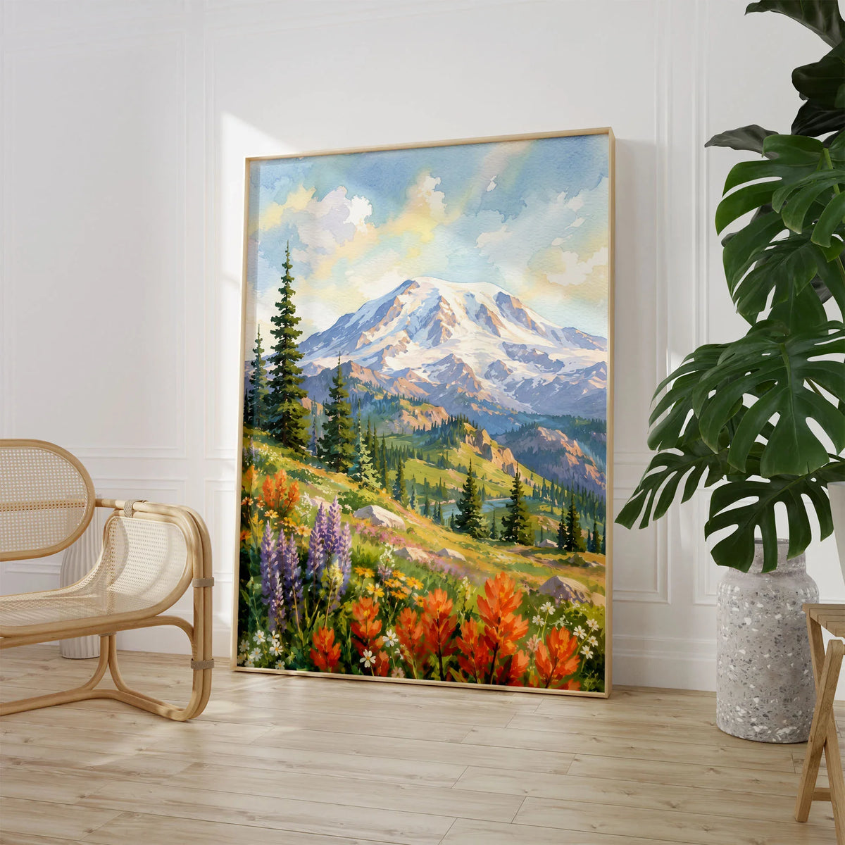 Mount Rainier National Park wildflower meadows watercolour art print large framed print beside a chair and plant