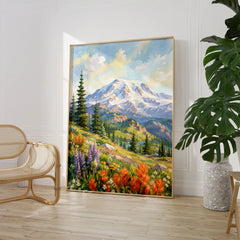 Mount Rainier National Park wildflower meadows watercolour art print large framed print beside a chair and plant