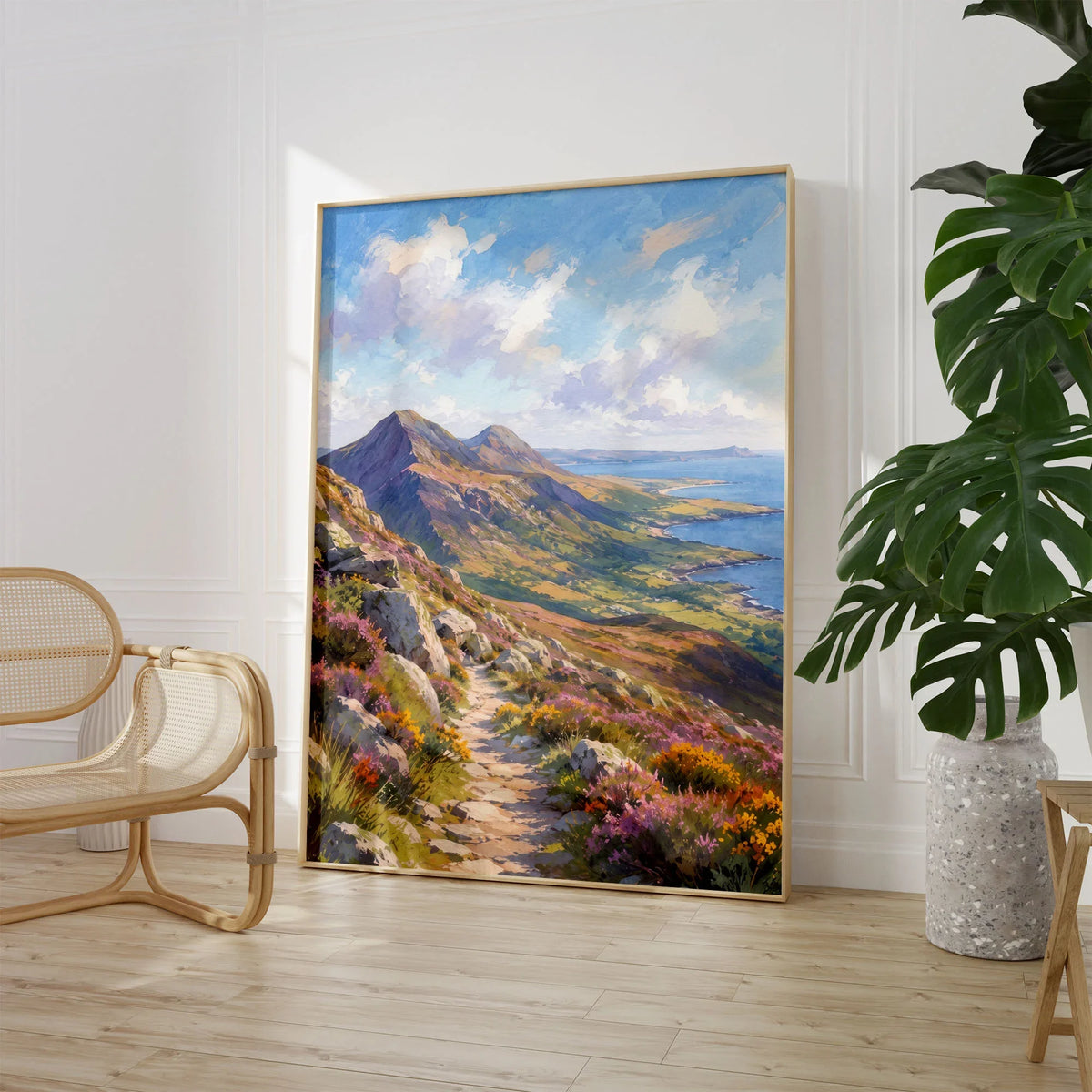 Mourne Mountains mountain path above the sea watercolour art print large framed print beside a chair and plant