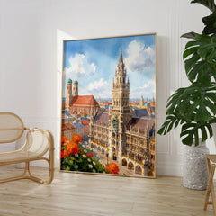 Munich New Town Hall and Frauenkirche watercolour art print large framed print beside a chair and plant