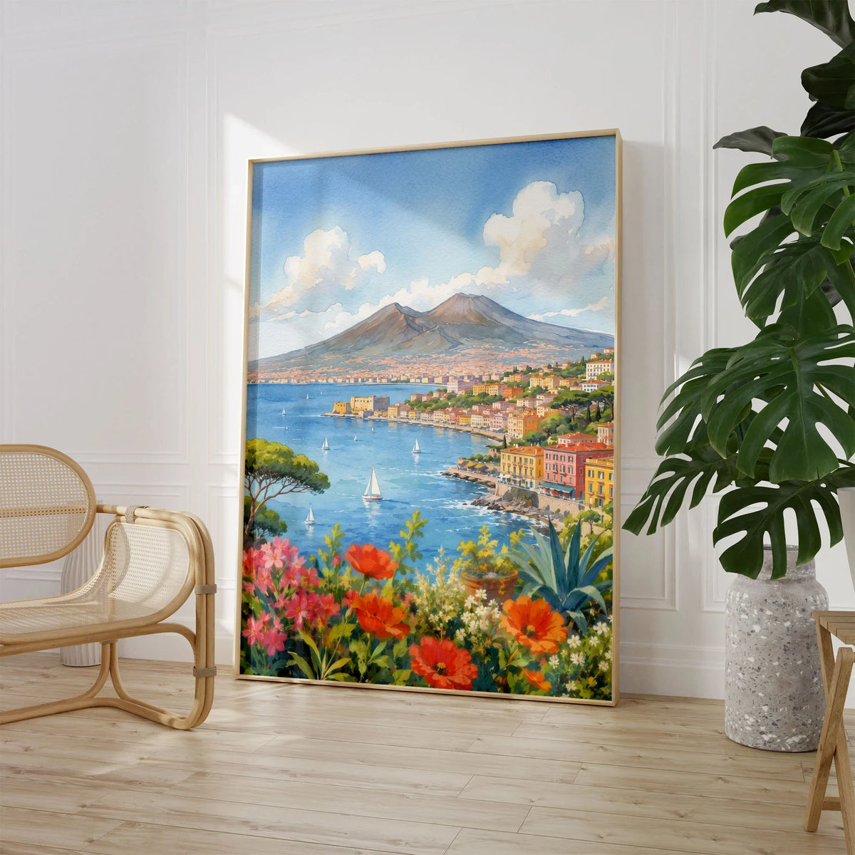 Naples Bay of Naples and Vesuvius watercolour art print large framed print beside a chair and plant
