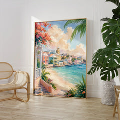 Nassau pastel waterfront and beach watercolour art print large framed print beside a chair and plant