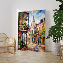 New Orleans French Quarter balconies watercolour art print large framed print beside a chair and plant