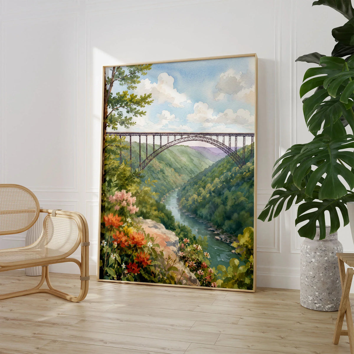 New River Gorge National Park New River Gorge Bridge watercolour art print large framed print beside a chair and plant