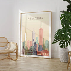 New York city skyline art print, large framed print beside a chair and plant