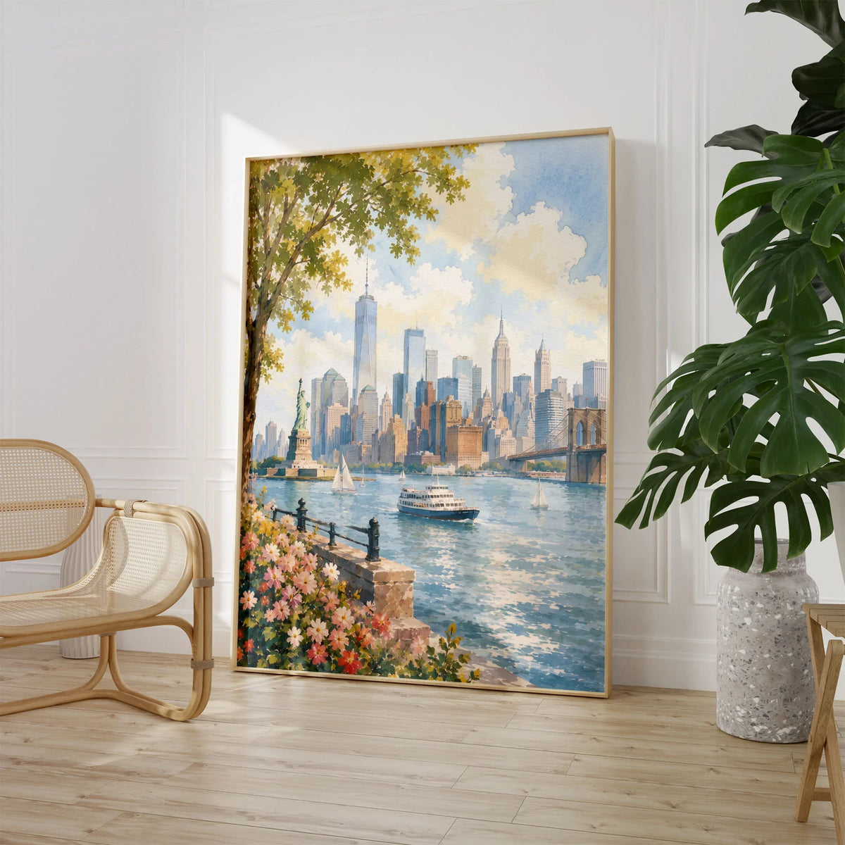 New York Statue of Liberty and Manhattan skyline watercolour art print large framed print beside a chair and plant
