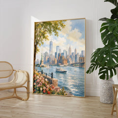 New York Statue of Liberty and Manhattan skyline watercolour art print large framed print beside a chair and plant