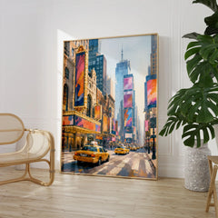 New York Times Square and yellow cabs watercolour art print large framed print beside a chair and plant