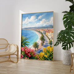 Nice Baie des Anges and promenade watercolour art print large framed print beside a chair and plant