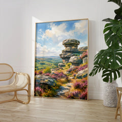 Nidderdale Brimham Rocks watercolour art print large framed print beside a chair and plant