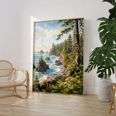 Olympic National Park rugged coast and sea stacks watercolour art print large framed print beside a chair and plant