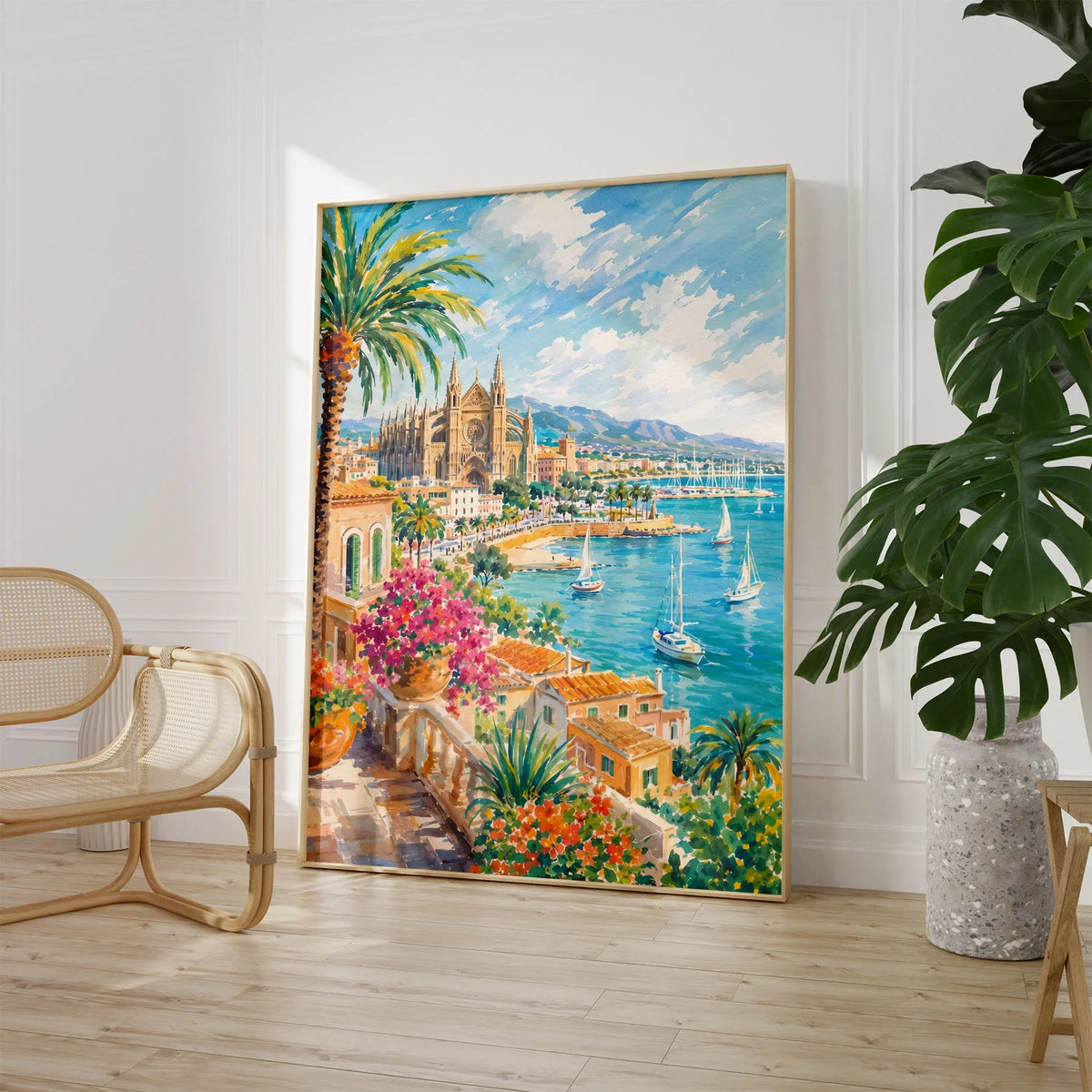 Palma La Seu cathedral and bay watercolour art print large framed print beside a chair and plant