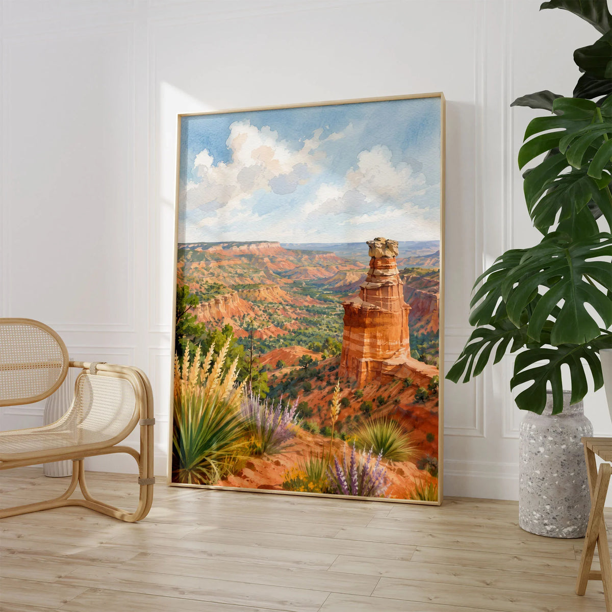 Palo Duro Canyon State Park Lighthouse rock formation watercolour art print large framed print beside a chair and plant
