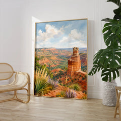 Palo Duro Canyon State Park Lighthouse rock formation watercolour art print large framed print beside a chair and plant