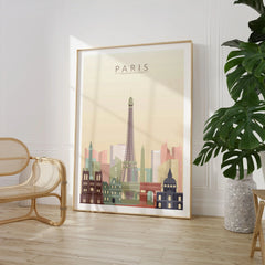Paris city skyline art print, large framed print beside a chair and plant