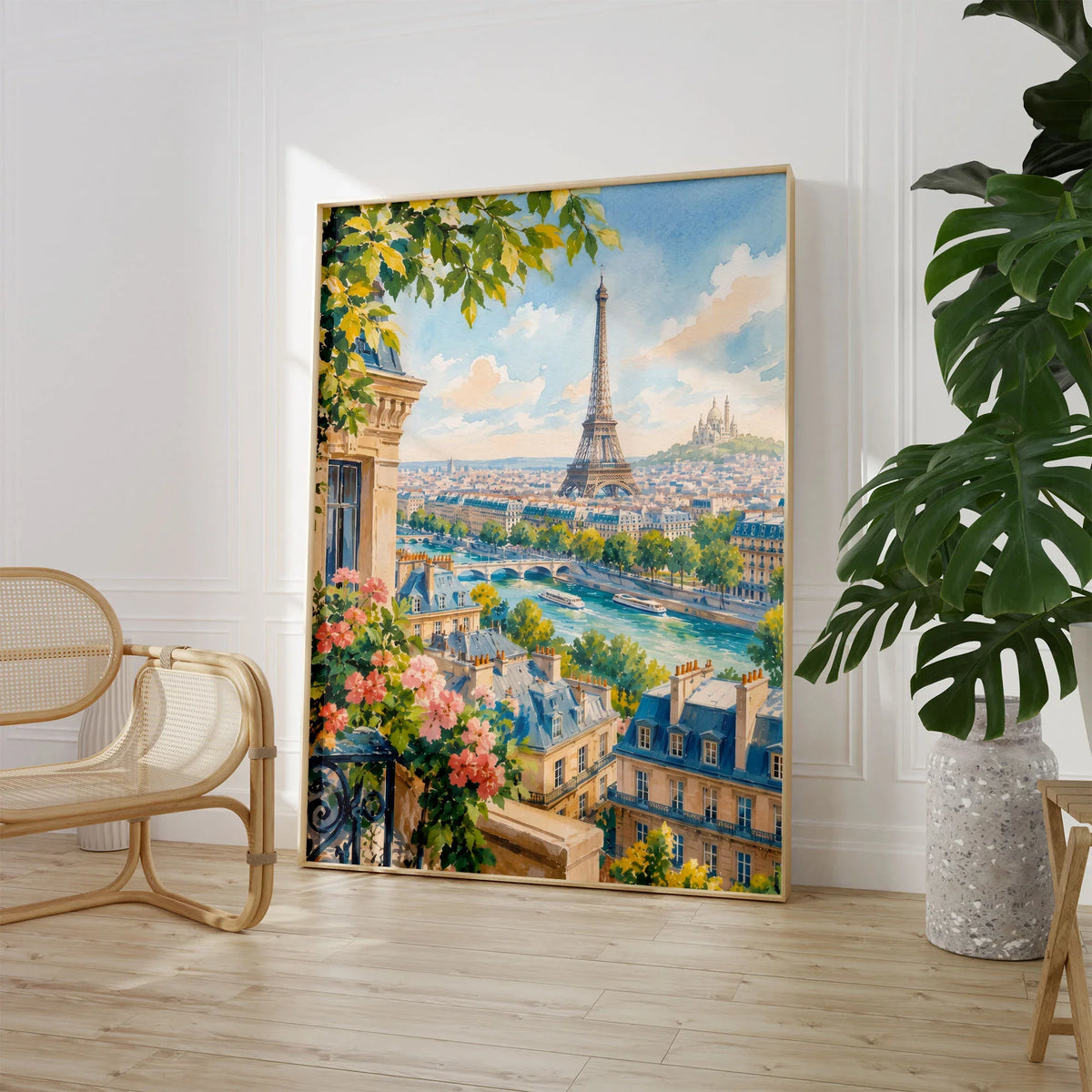 Paris Eiffel Tower and the Seine watercolour art print large framed print beside a chair and plant
